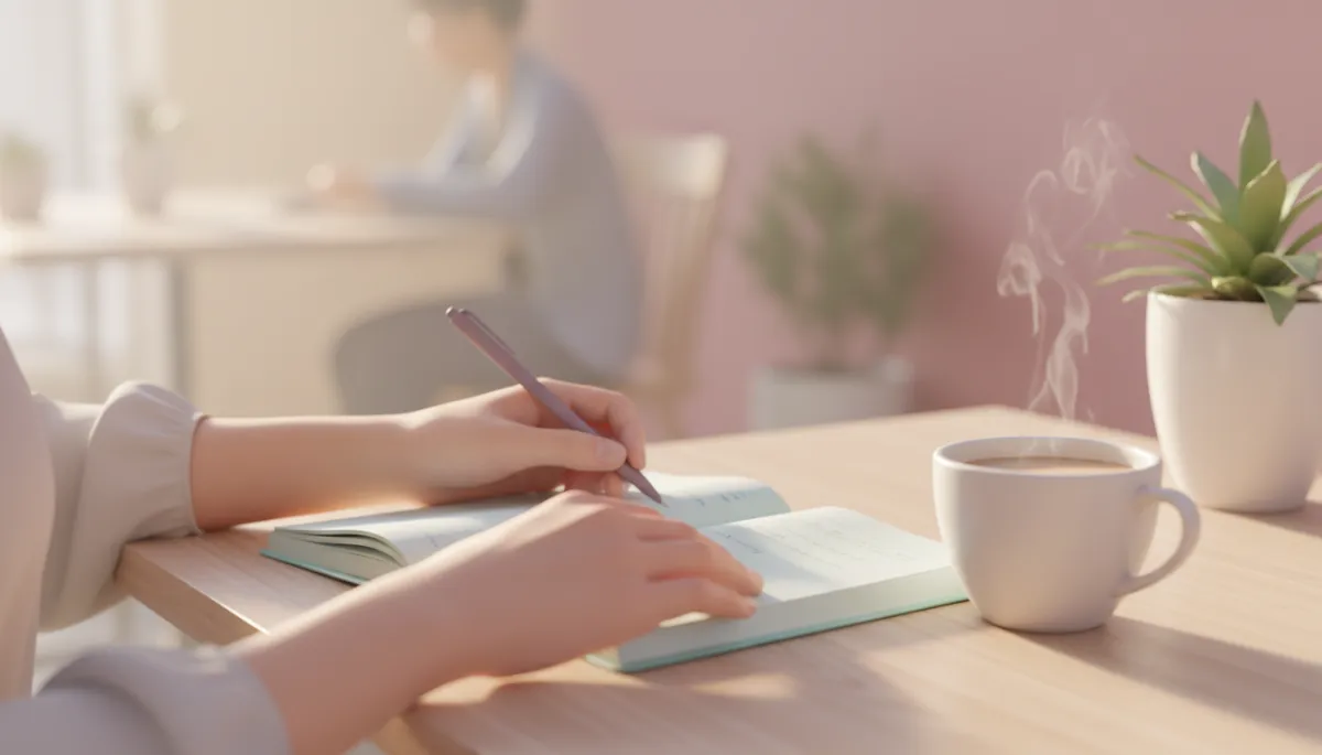 Photorealistic pastel scene of a person journaling at a calm cafe table Photorealistic pastel scene of a person journaling at a calm cafe table