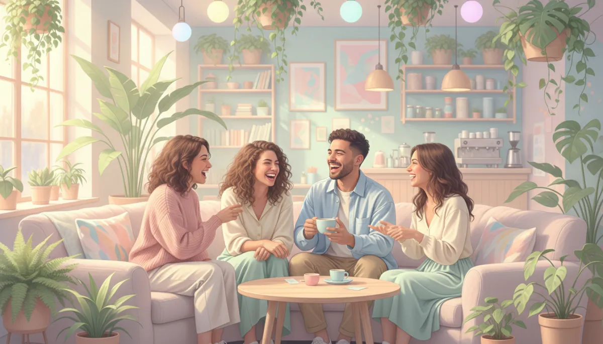 Photorealistic pastel scene of friends connecting in a cozy cafe lounge Photorealistic pastel scene of friends connecting in a cozy cafe lounge