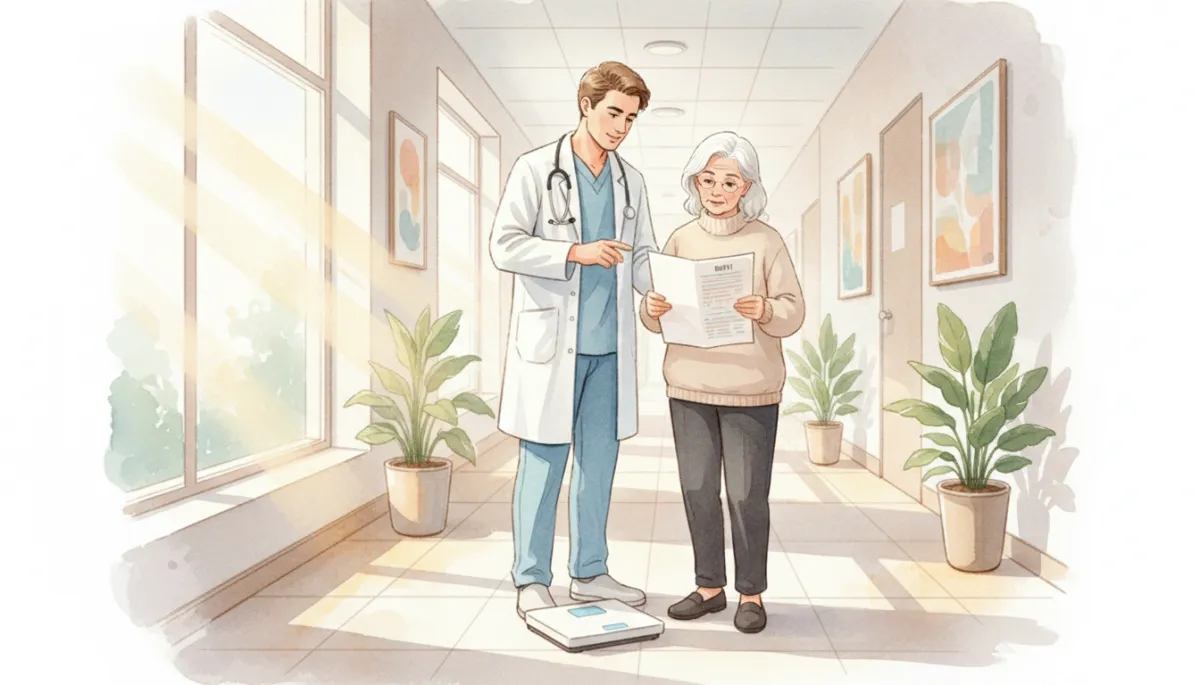 Physician reviewing BMI and health criteria with an older Medicare patient
