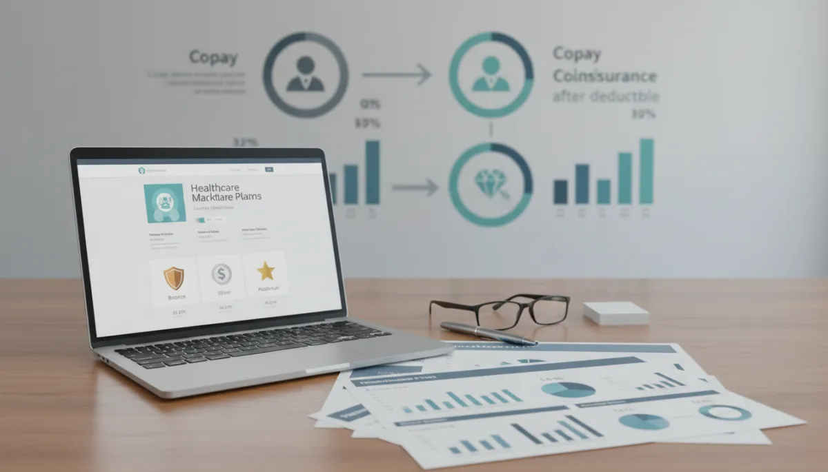 A photorealistic, high-quality image depicting a professional workspace: a clean, well-lit desk with a laptop displaying a healthcare marketplace website. Next to the laptop, neatly arranged documents showcase charts comparing Marketplace metal levels—Bronze, Silver, Gold, and Platinum—with clear labels and icons. Beside the documents, a pair of eyeglasses and a pen suggest careful analysis. In the background, a subtle infographic visually explains copays and coinsurance with simple icons and key statistics. The scene conveys trustworthiness, seriousness, and focuses on healthcare, insurance options, and affordability, appealing to a general audience seeking clear information.