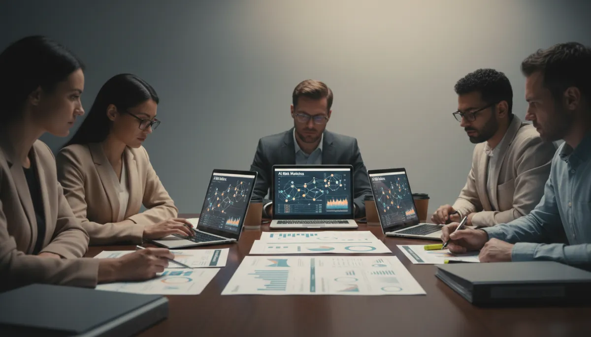 Risk and compliance team conducting AI risk assessment and reviewing policies Risk and compliance team conducting AI risk assessment and reviewing policies