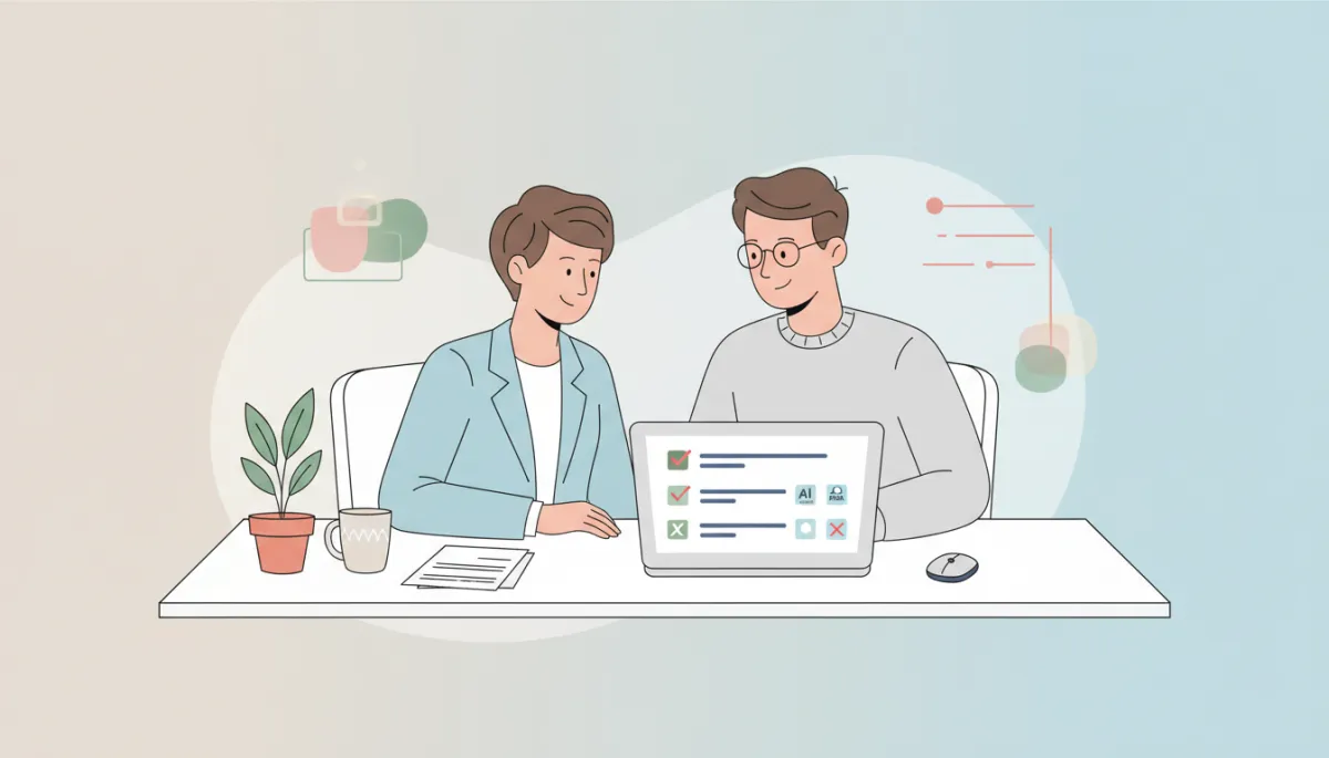 Business owner and MSP partner reviewing an AI risk checklist on a laptop Business owner and MSP partner reviewing an AI risk checklist on a laptop