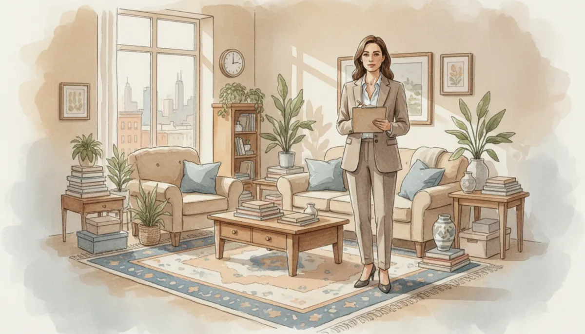 Real estate professional evaluating a cluttered Chicago home with care