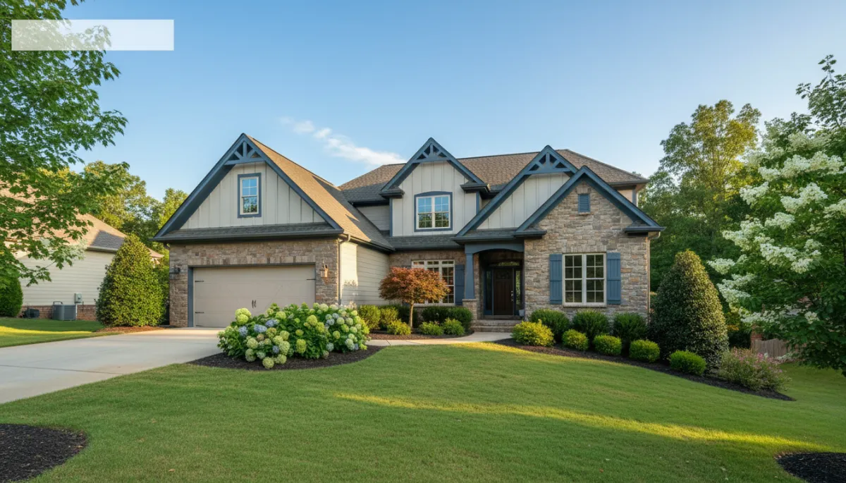 photorealistic bright warm professional real estate photo of a new construction single-family home exterior in a Charlotte-area North Carolina neighborhood, craftsman-inspired details, two-car garage, lush green landscaping, blue sky, subtle text overlay area for community name photorealistic bright warm professional real estate photo of a new construction single-family home exterior in a Charlotte-area North Carolina neighborhood, craftsman-inspired details, two-car garage, lush green landscaping, blue sky, subtle text overlay area for community name