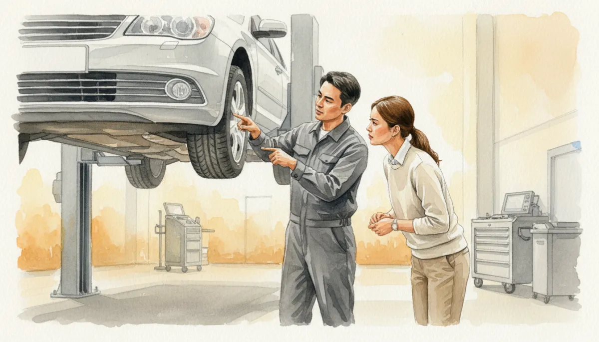 Technician explaining tire wear patterns to a customer in a service workshop