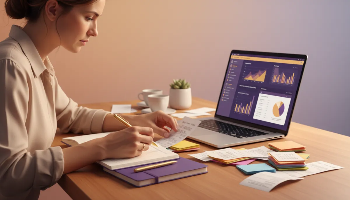 Small business owner organizing receipts and tracking deductions in accounting software