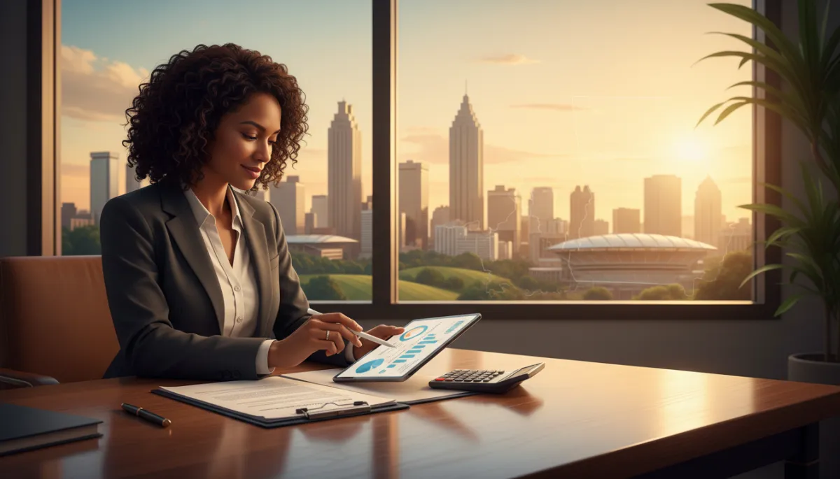 A real-life photo of a Georgia real estate agent sitting across from a professional tax advisor in a modern Alpharetta office, with paperwork and a laptop on the table. The Atlanta skyline is visible through large windows in the background. Both professionals are in business attire, engaged in a friendly and focused discussion.