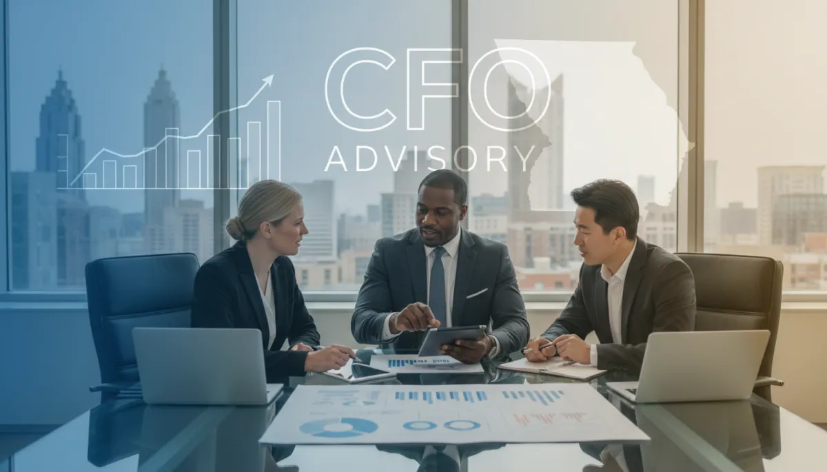 A photorealistic image of a diverse group of Georgia small business owners meeting with a professional CFO advisor in a bright, contemporary office, with modern financial dashboards visible on a large wall screen; subtle accents of purple #601199 and gold #ebd80e appear in the decor.