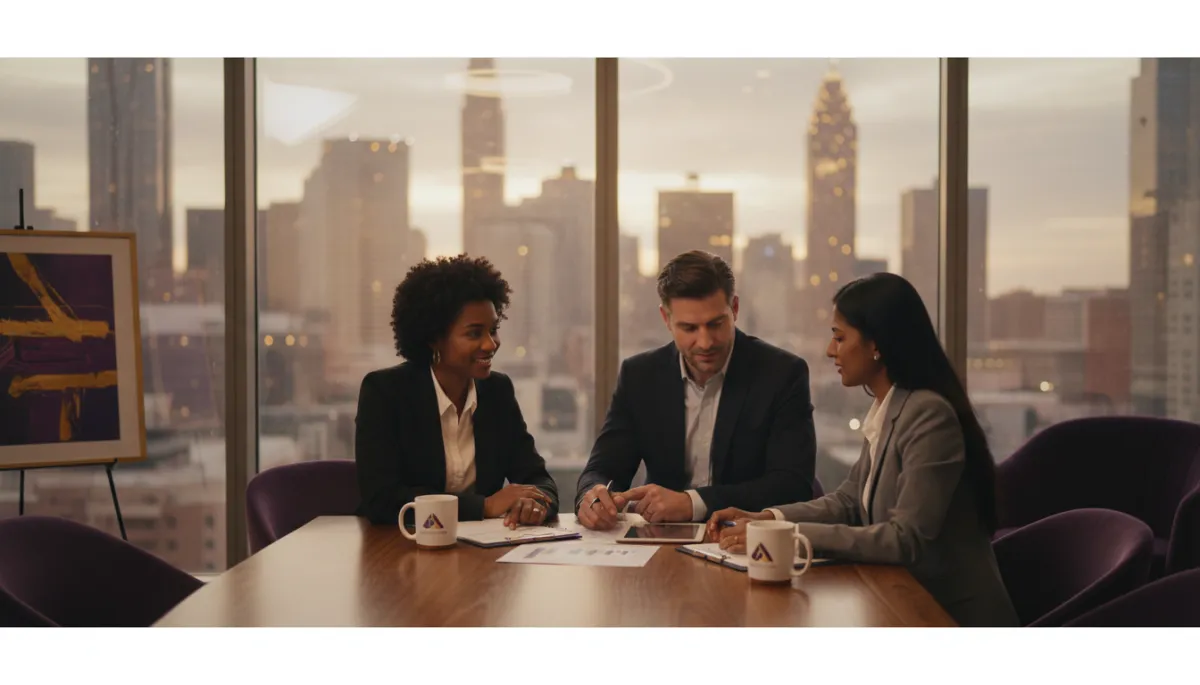 photorealistic scene of a confident small business owner couple in a modern Alpharetta office, reviewing financial reports with a professional advisor at a table; warm lighting, subtle brand accents in purple #601199 and gold #ebd80e, large window showing a blurred Atlanta skyline