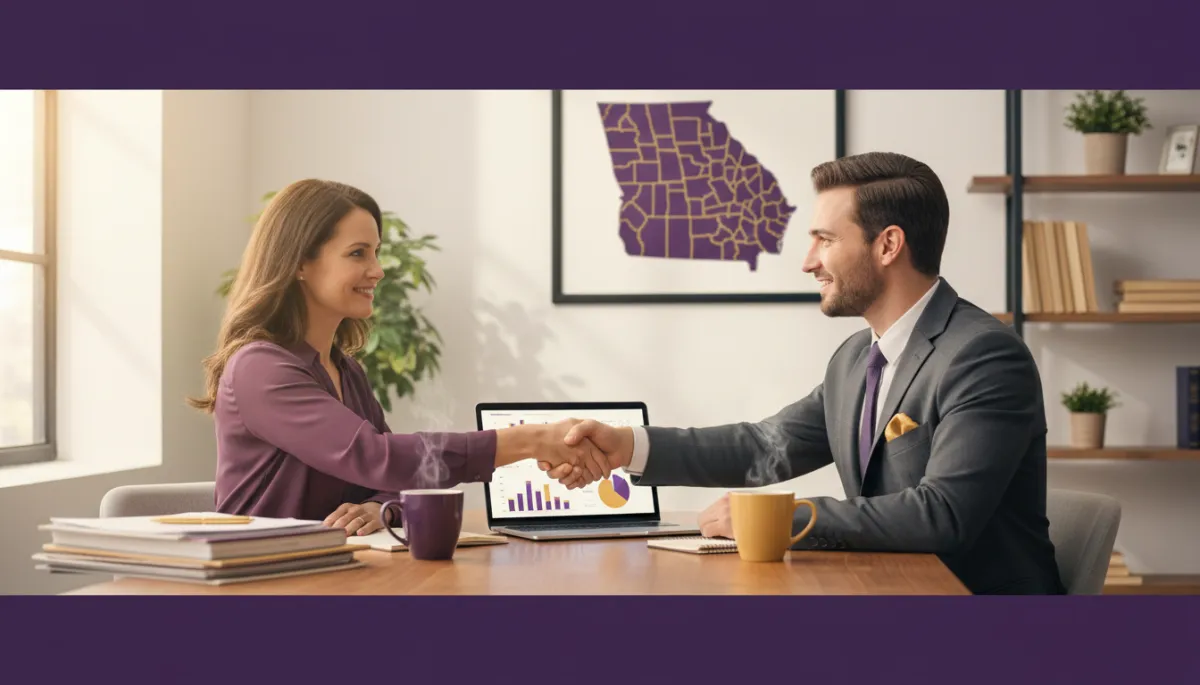 photorealistic scene of a Georgia small business owner meeting with a professional bookkeeper at a tidy office desk, laptop open with financial reports, coffee mugs, soft natural light, warm professional tones with accents of purple #601199 and gold #ebd80e