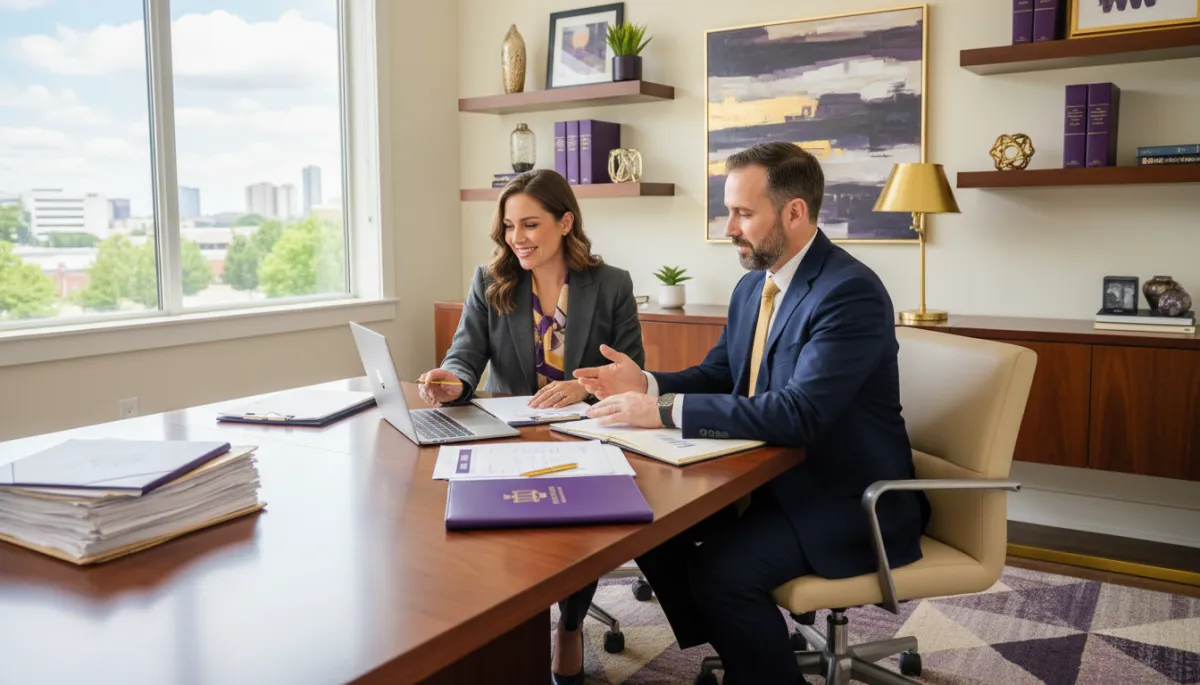 photorealistic warm professional office scene in Alpharetta GA, confident business owner and tax advisor reviewing financial reports at a table, subtle brand colors purple #601199 and gold #ebd80e in decor and stationery, soft natural light, calm focused mood