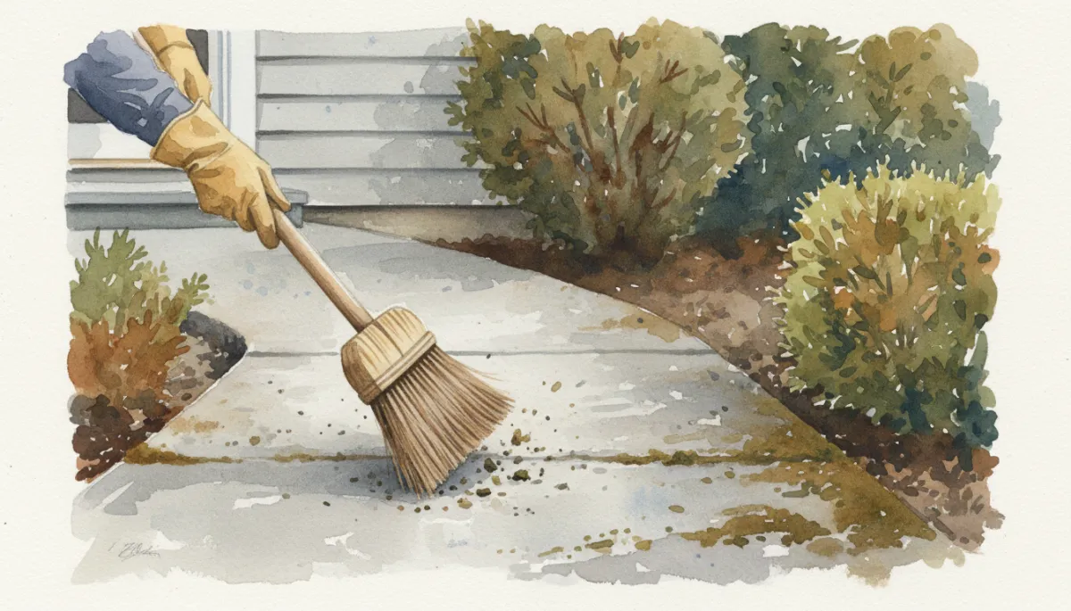 Homeowner sweeping dried moss from a concrete walkway