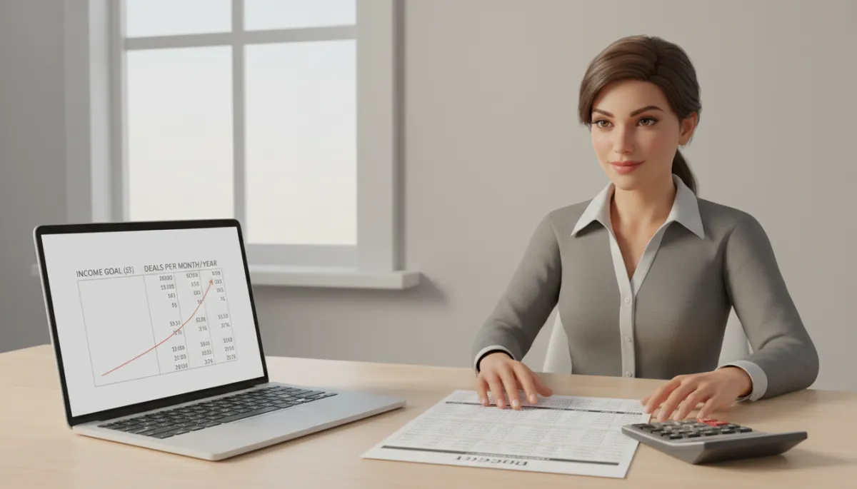 Real estate agent reviewing income goals and budget figures at a desk Real estate agent reviewing income goals and budget figures at a desk