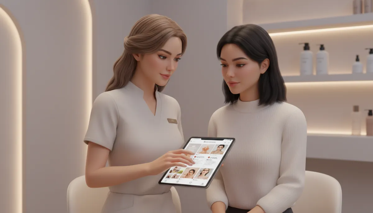 Med spa practitioner and client discussing treatment options while viewing Instagram posts Med spa practitioner and client discussing treatment options while viewing Instagram posts