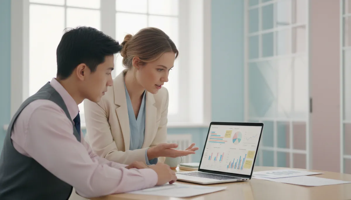 Sales manager coaching a team member while reviewing performance data