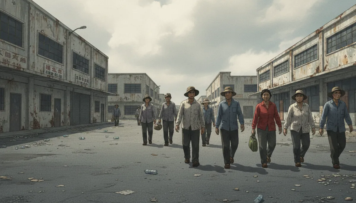 Archival-style wide shot of foreign workers walking along a Saipan street near aging garment factories, concrete buildings and faded signage, cloudy tropical sky, muted documentary tones Archival-style wide shot of foreign workers walking along a Saipan street near aging garment factories, concrete buildings and faded signage, cloudy tropical sky, muted documentary tones