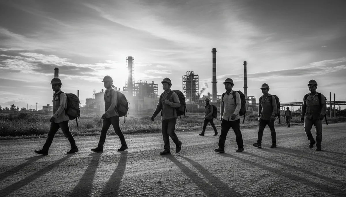 Black-and-white documentary photograph of migrant workers in the CNMI walking along a road near an industrial complex at sunset, some wearing hard hats and backpacks, looking tired but dignified