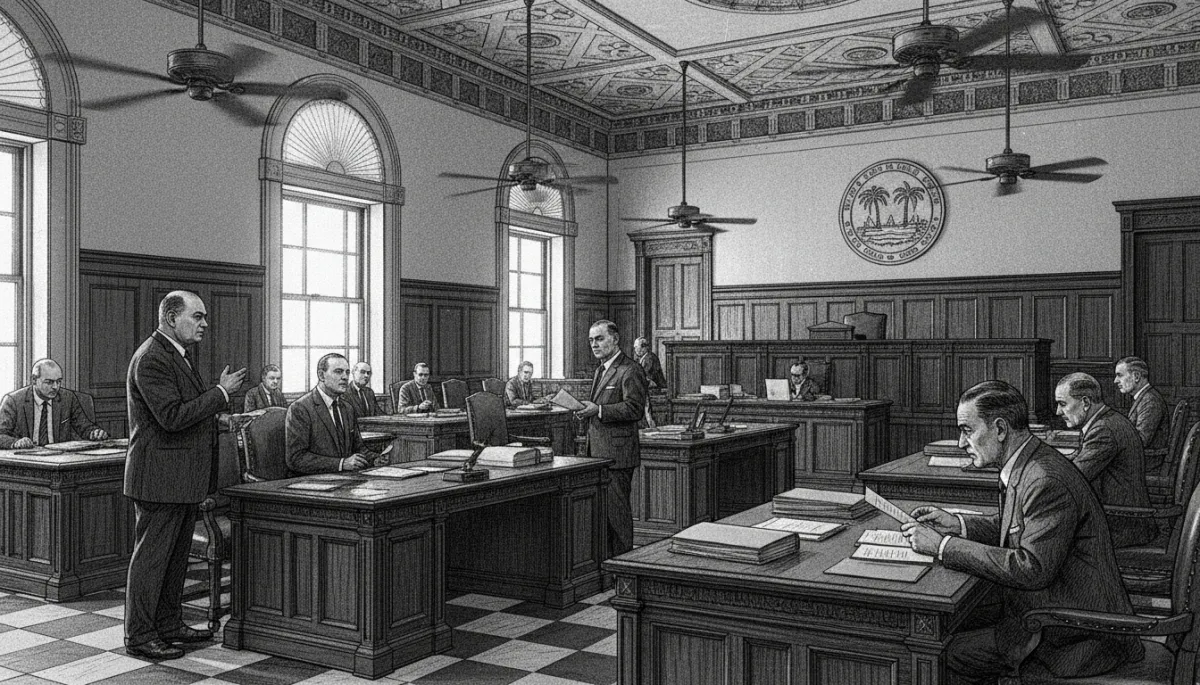 Black-and-white archival photograph of CNMI legislative chamber, a few lawmakers debating at wooden desks, overhead fans, papers scattered, serious expressions during an immigration policy session