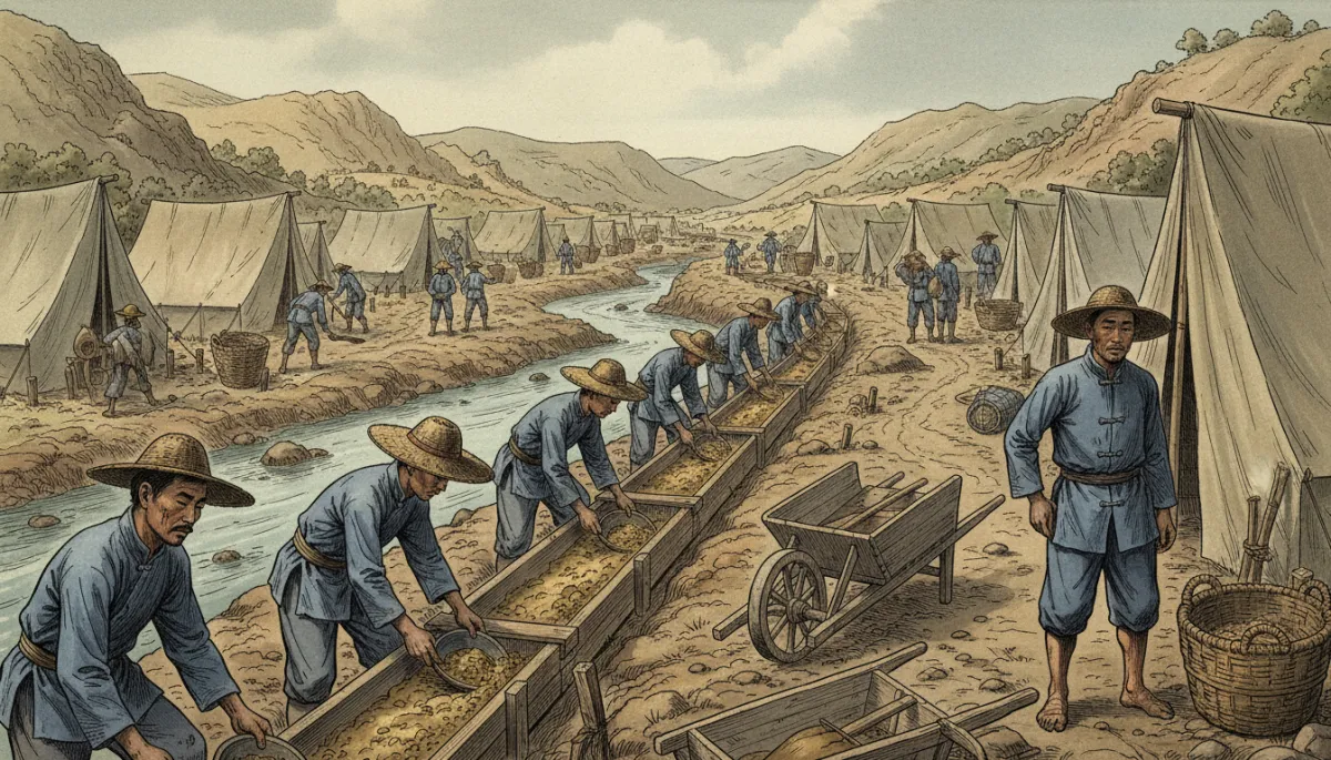 Archival-style image of Chinese miners and laborers working in a California goldfield, wooden tools and canvas tents visible, muted color grading for documentary tone Archival-style image of Chinese miners and laborers working in a California goldfield, wooden tools and canvas tents visible, muted color grading for documentary tone