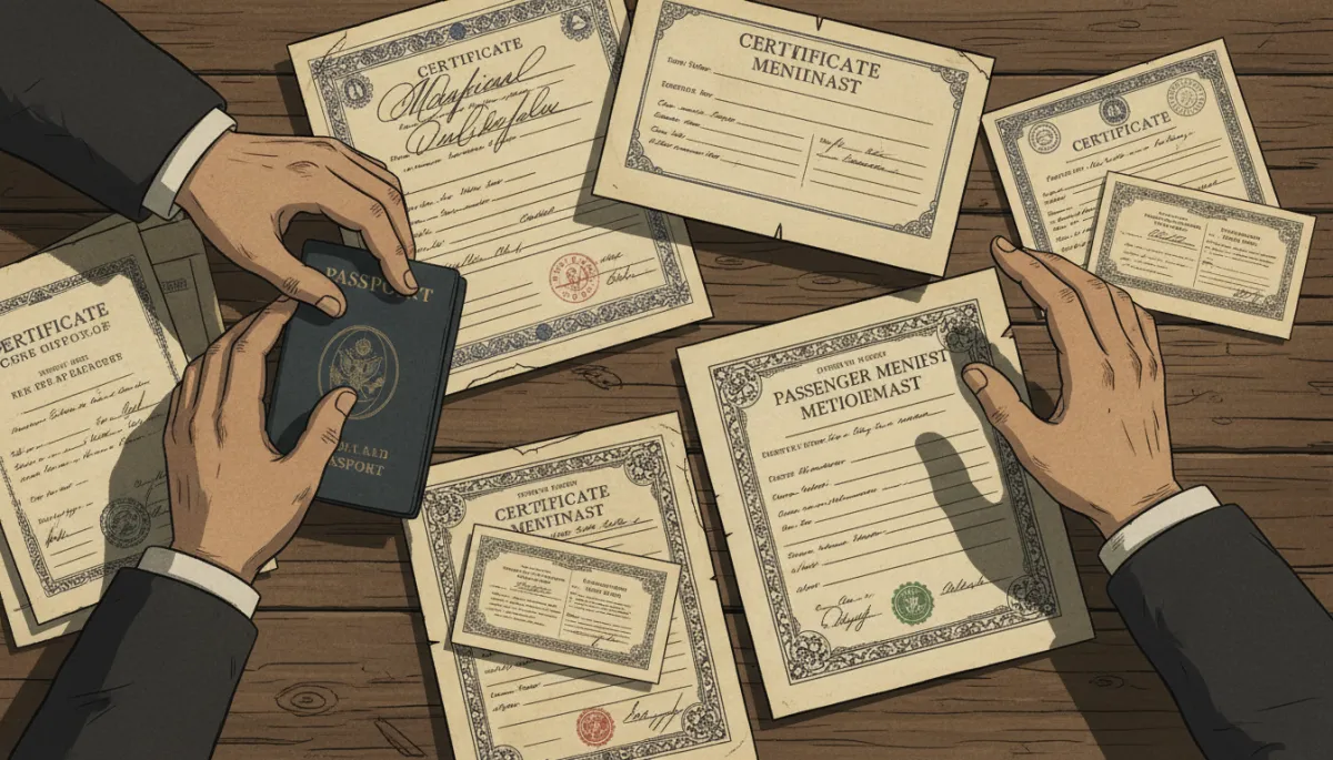 Close-up of early 20th-century immigration documents and identity papers on a wooden desk, hands of an inspector and an immigrant visible, somber documentary lighting Close-up of early 20th-century immigration documents and identity papers on a wooden desk, hands of an inspector and an immigrant visible, somber documentary lighting