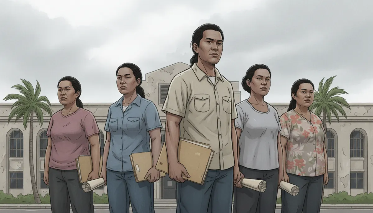 Documentary-style photo of a small group of foreign and local workers in Saipan standing outside a government building, some holding folders and petitions, serious expressions, overcast tropical sky Documentary-style photo of a small group of foreign and local workers in Saipan standing outside a government building, some holding folders and petitions, serious expressions, overcast tropical sky