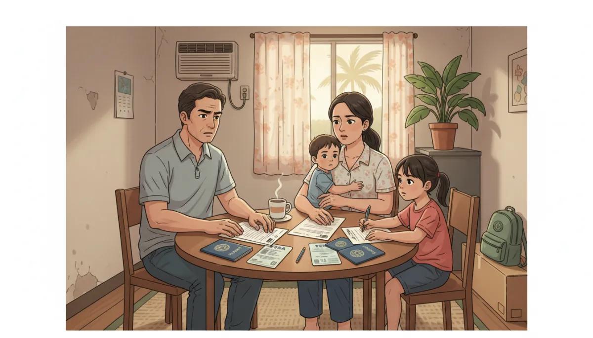 Interior scene of a modest Saipan apartment where a foreign worker family sits around a small table, paperwork and visas spread out, worried but determined expressions Interior scene of a modest Saipan apartment where a foreign worker family sits around a small table, paperwork and visas spread out, worried but determined expressions