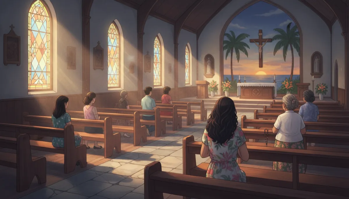 Quiet interior of a small CNMI church during weekday evening, a few worshippers of different backgrounds praying in separate pews, soft light from side windows Quiet interior of a small CNMI church during weekday evening, a few worshippers of different backgrounds praying in separate pews, soft light from side windows