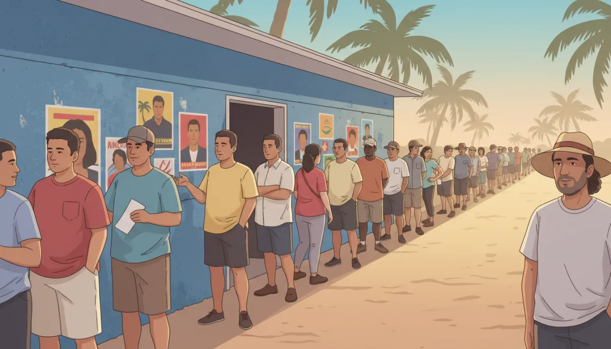 CNMI election day outside a polling station, line of voters in casual clothes, campaign posters on walls, some people chatting quietly while they wait CNMI election day outside a polling station, line of voters in casual clothes, campaign posters on walls, some people chatting quietly while they wait