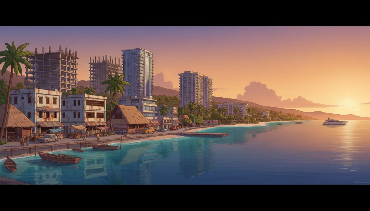 Panoramic dawn view over Saipan’s coastline, mix of older buildings and new construction, calm sea in foreground, suggesting a community at a crossroads Panoramic dawn view over Saipan’s coastline, mix of older buildings and new construction, calm sea in foreground, suggesting a community at a crossroads