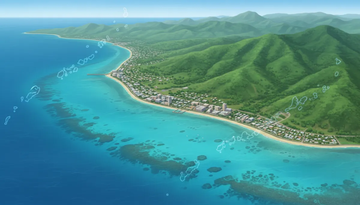 Aerial view of Saipan’s coastline with turquoise lagoon, small cityscape, and surrounding green hills, overlaid with a faint outline map of the Northern Mariana Islands chain Aerial view of Saipan’s coastline with turquoise lagoon, small cityscape, and surrounding green hills, overlaid with a faint outline map of the Northern Mariana Islands chain