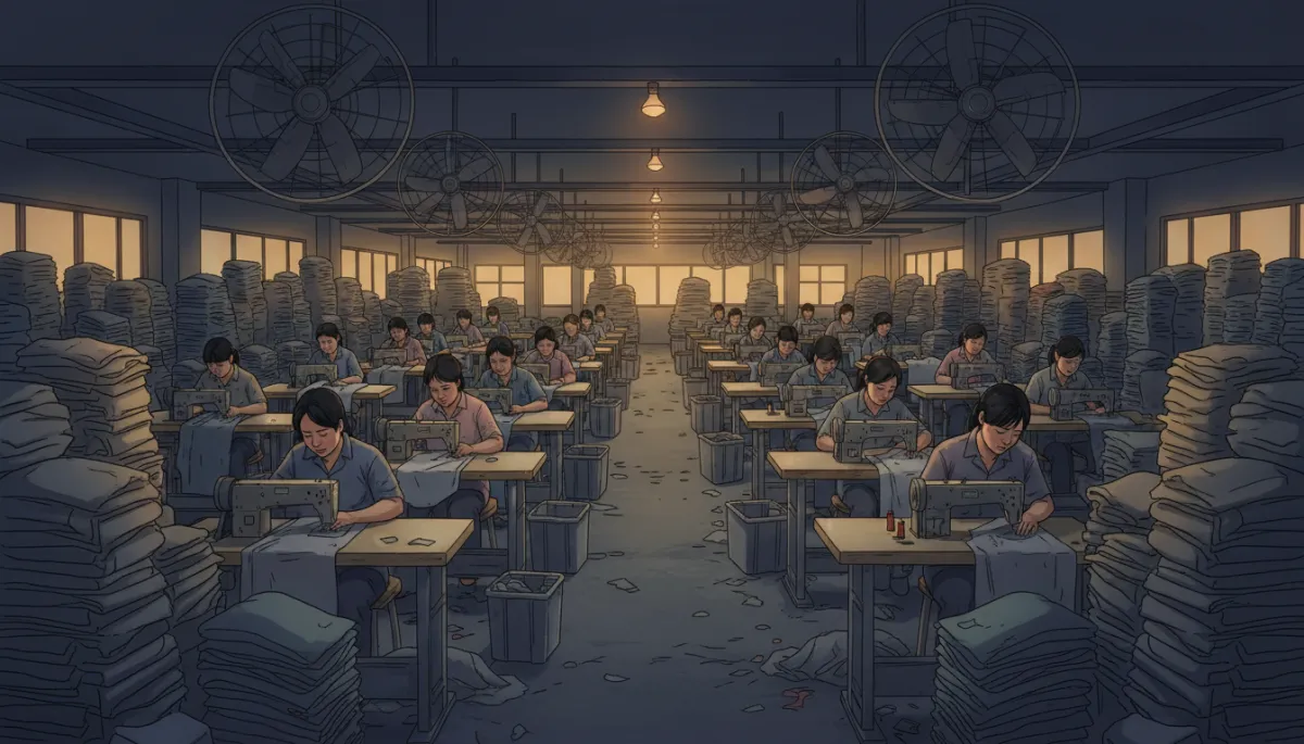 Dimly lit garment factory floor in Saipan with rows of sewing machines, mostly female Asian workers bent over their stations, industrial fans overhead and stacks of clothing around them Dimly lit garment factory floor in Saipan with rows of sewing machines, mostly female Asian workers bent over their stations, industrial fans overhead and stacks of clothing around them