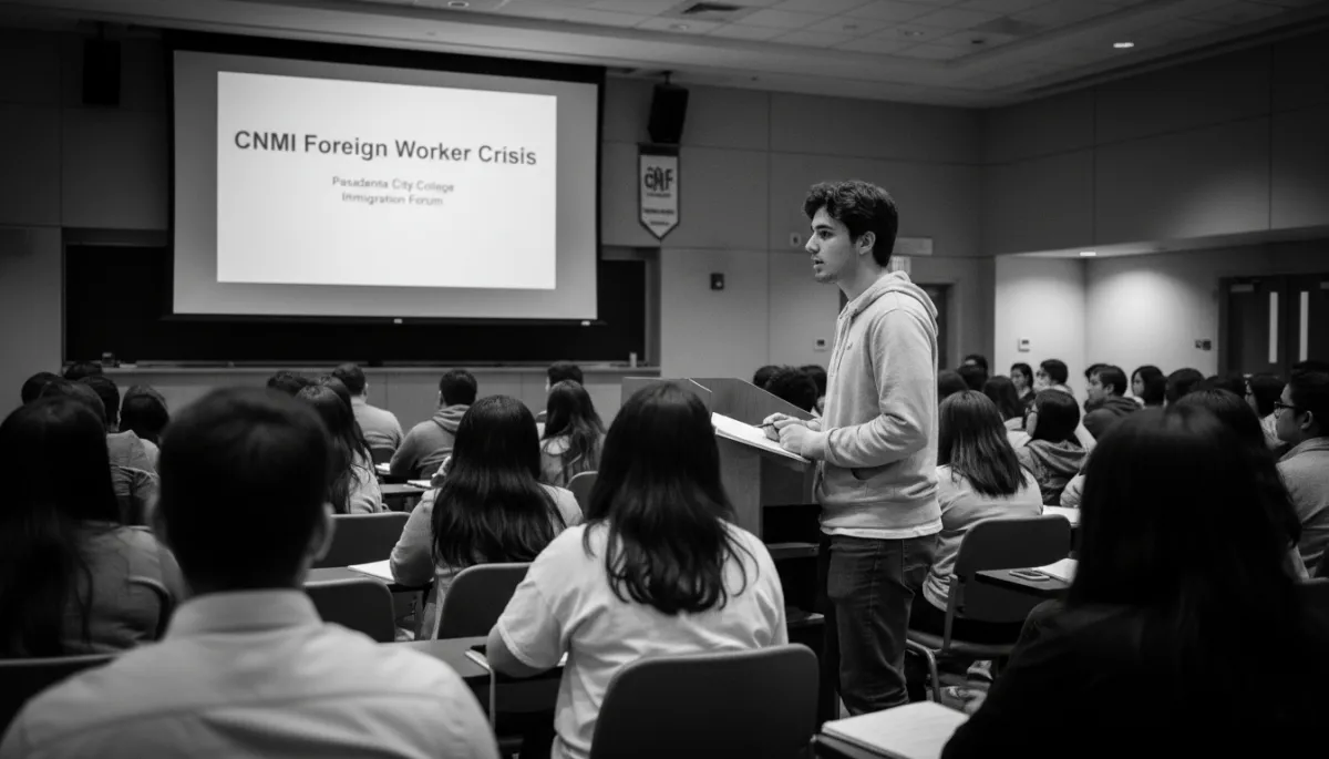 College lecture hall at Pasadena City College with a student speaker at a podium, projected slide reading CNMI Foreign Worker Crisis, attentive audience of students and community members taking notes College lecture hall at Pasadena City College with a student speaker at a podium, projected slide reading CNMI Foreign Worker Crisis, attentive audience of students and community members taking notes