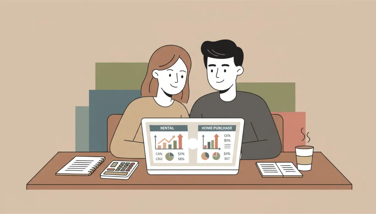 Couple reviewing rental and home purchase cost comparisons on a laptop
