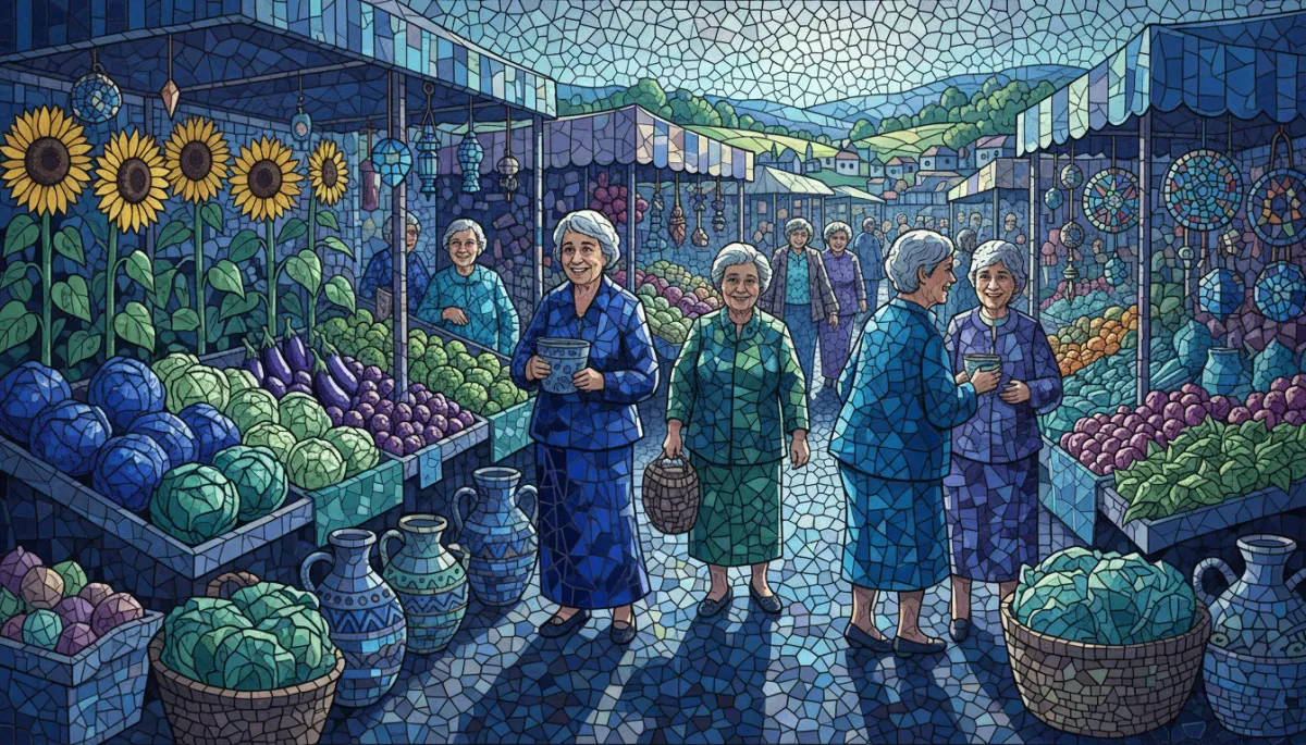Mosaic patterned illustration of stalls and people at a garden marketplace