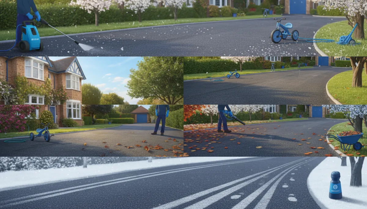 Homeowner sweeping a block-paved driveway to remove moss and leaves Homeowner sweeping a block-paved driveway to remove moss and leaves