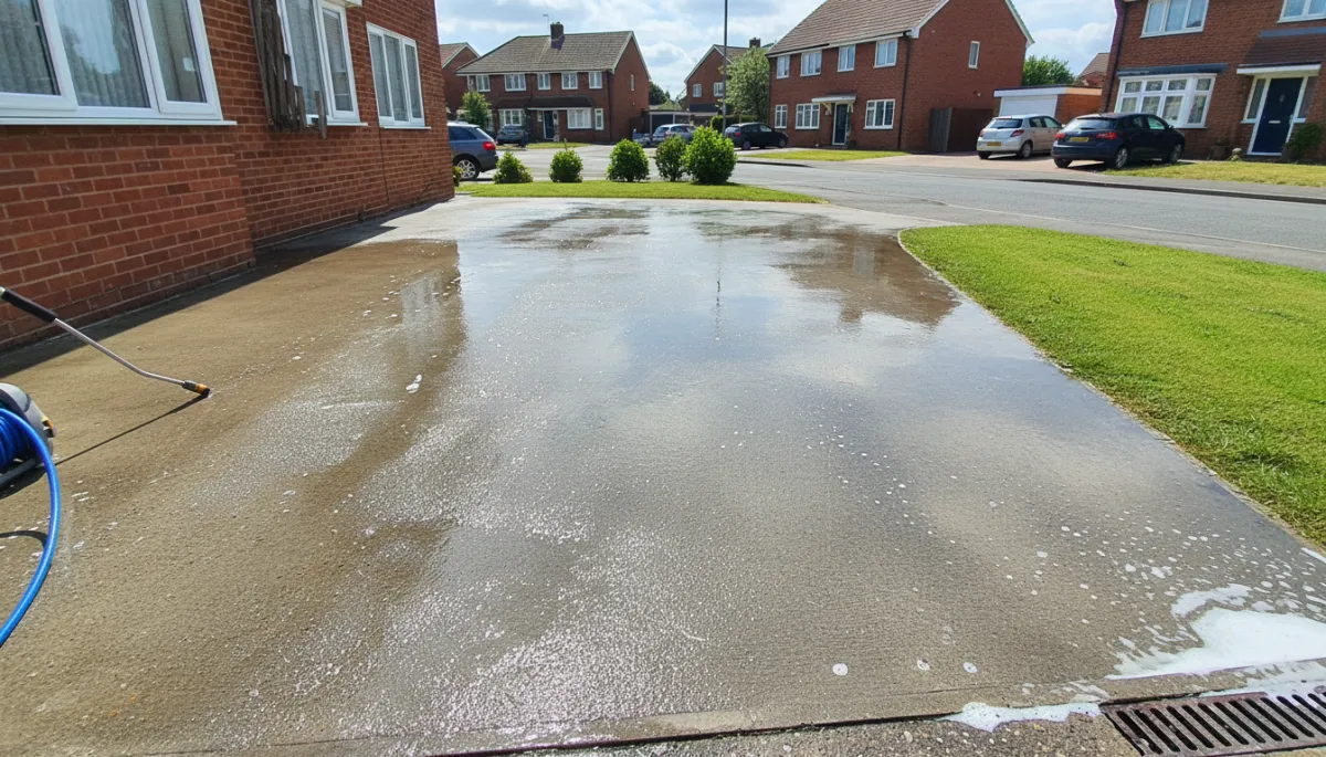 Freshly cleaned driveway in a Leicester residential street with subtle professional branding Freshly cleaned driveway in a Leicester residential street with subtle professional branding