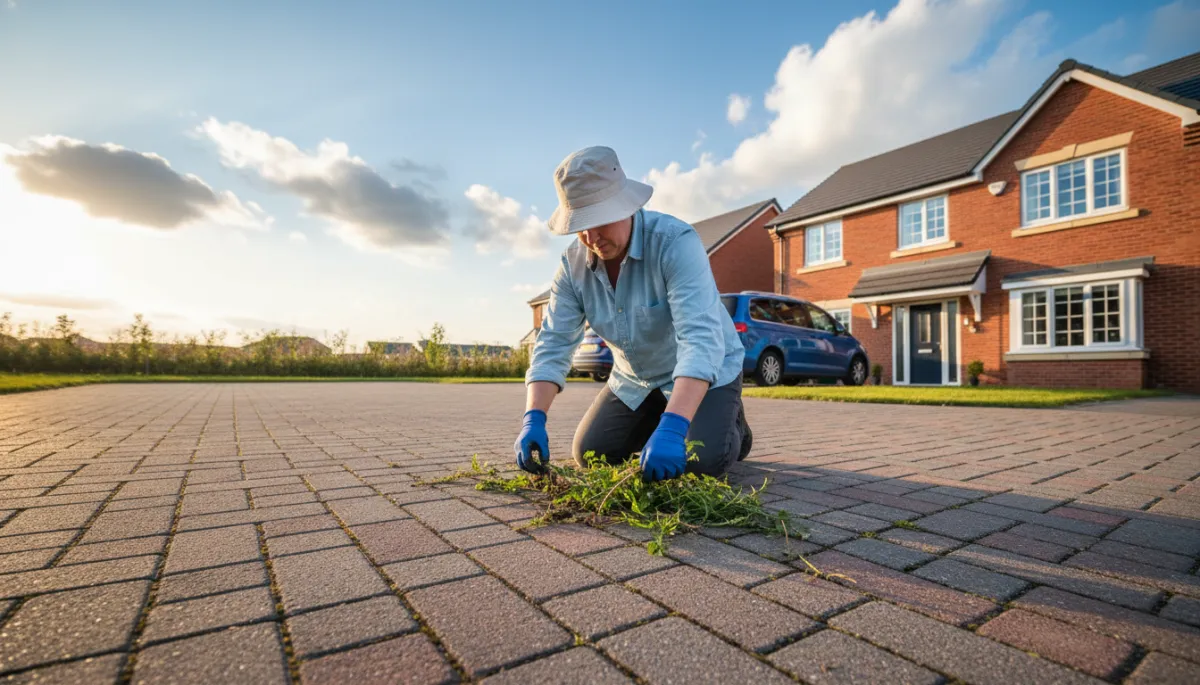 someone crouching down and pulling weeds from driveway in leicester residential estate [Brand guidelines: use brand color palette #01a2ff, #2a62bb, #ffffff]. Context: This is for a blog post about "How to Keep Your Driveway Clean All Year Round in Leicester". Style: Professional quality, photorealistic, high resolution