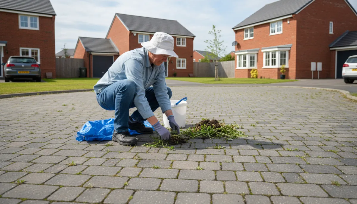 someone crouching down and pulling weeds from driveway in leicester residential estate [Brand guidelines: use brand color palette #01a2ff, #2a62bb, #ffffff]. Context: This is for a blog post about "How to Keep Your Driveway Clean All Year Round in Leicester". Style: Professional quality, photorealistic, high resolution