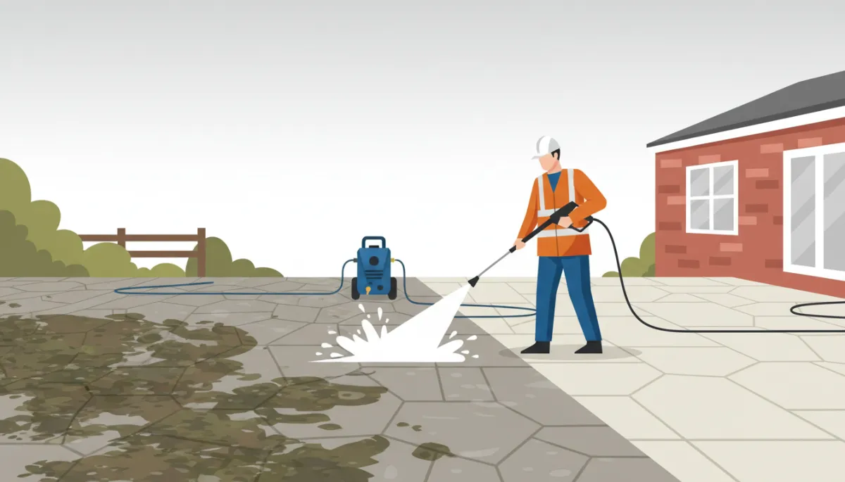 Patio showing contrast between algae-covered and professionally cleaned paving