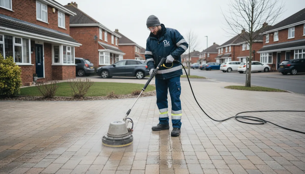 Technician performing professional winter driveway cleaning
