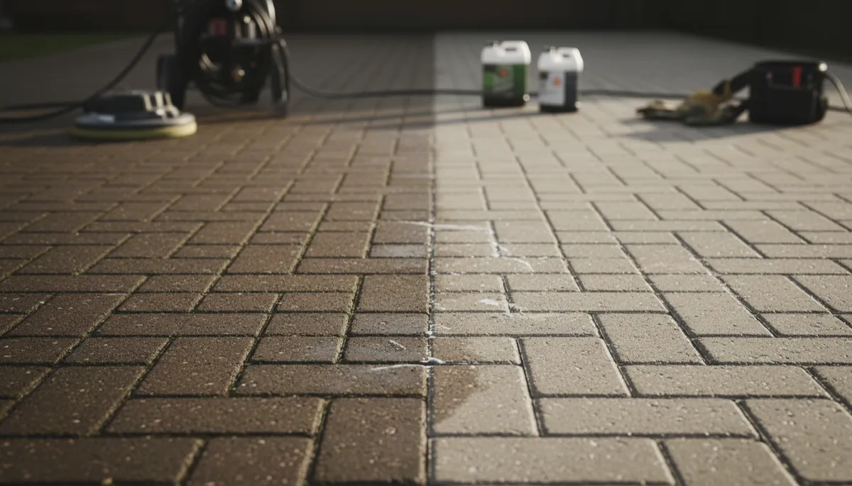 Block paved driveway showing clear contrast between cleaned and uncleaned sections