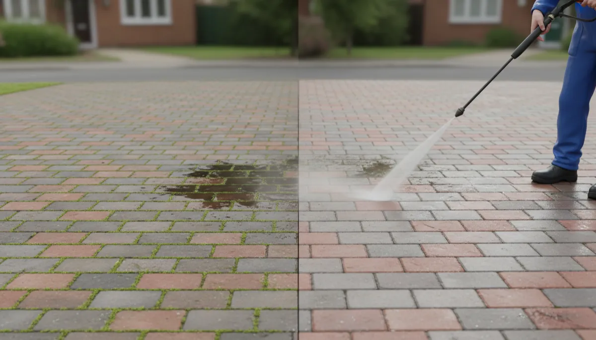 Before and after comparison of a professionally cleaned block paving driveway in Leicester