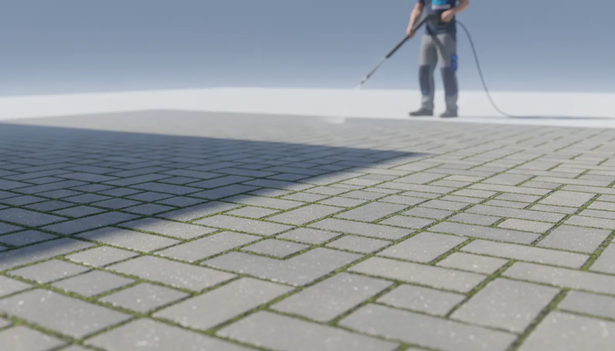 Close-up of moss growing between shaded block paving on a Leicester driveway