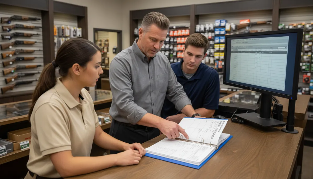 FFL manager and employees reviewing firearms compliance procedures and inventory records FFL manager and employees reviewing firearms compliance procedures and inventory records