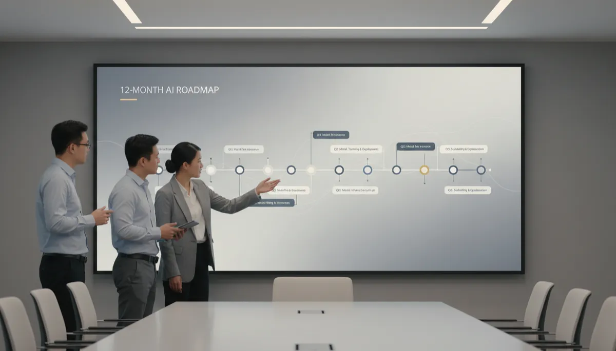 展示12个月AI路线图时间轴的企业会议场景