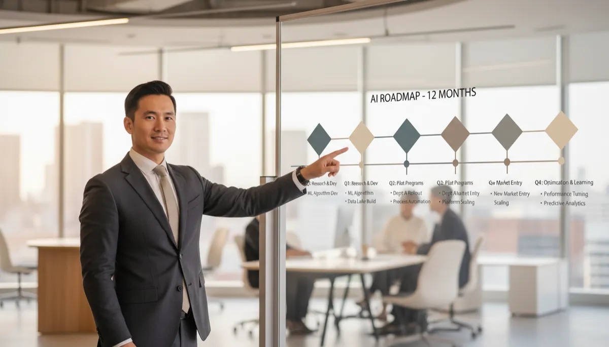 photorealistic, corporate-style scene of a confident Asian-Australian business executive standing in a modern office, pointing to a clearly marked 12-month AI roadmap on a whiteboard, neutral colour palette with soft greys and warm neutrals