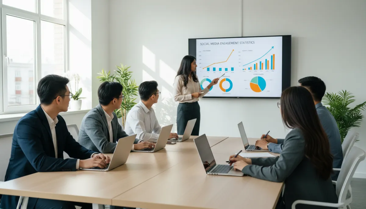 Alunos analisando métricas de redes sociais em aula de marketing de influência