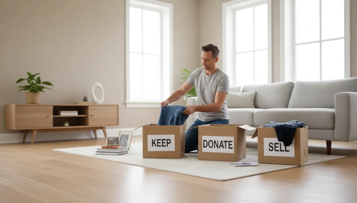 Person decluttering and organizing items into labeled moving boxes before relocation Person decluttering and organizing items into labeled moving boxes before relocation