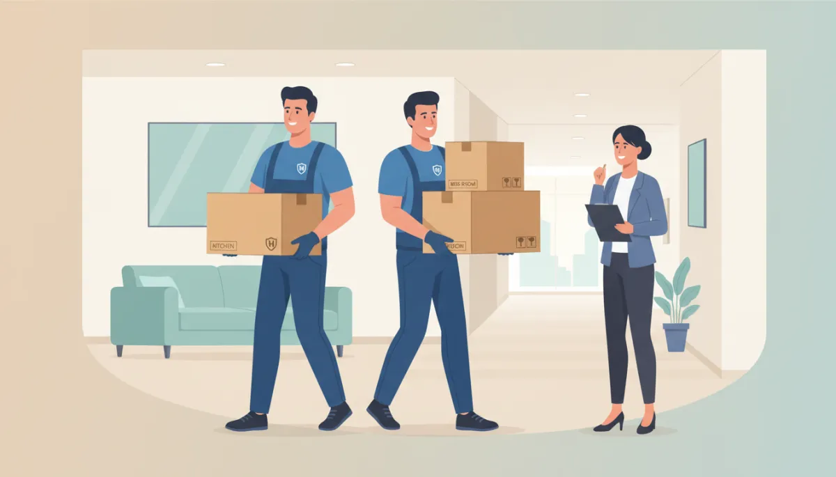 Professional movers carrying labeled boxes while a client checks a clipboard. Company branding should be present: add the company logo on the movers' uniforms and on at least one moving box, ensuring the branding is visible but not overwhelming, maintaining a clean, professional look. Professional movers carrying labeled boxes while a client checks a clipboard. Company branding should be present: add the company logo on the movers' uniforms and on at least one moving box, ensuring the branding is visible but not overwhelming, maintaining a clean, professional look.