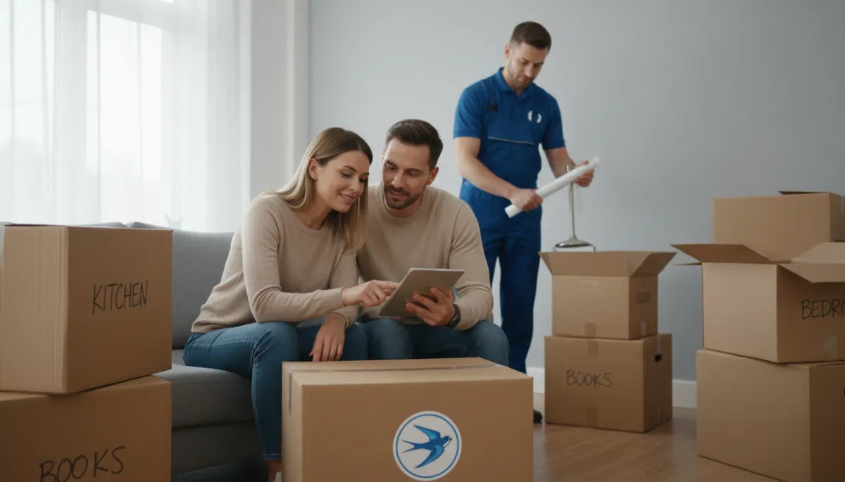 A professional, neutral-toned photorealistic scene of a calm couple reviewing a moving checklist with labeled boxes and a professional mover in uniform in the background, soft natural light, tidy living room. Add subtle company branding: include the company logo on the mover's uniform shirt and a branded sticker on at least one box, in a tasteful, non-intrusive way. A professional, neutral-toned photorealistic scene of a calm couple reviewing a moving checklist with labeled boxes and a professional mover in uniform in the background, soft natural light, tidy living room. Add subtle company branding: include the company logo on the mover's uniform shirt and a branded sticker on at least one box, in a tasteful, non-intrusive way.